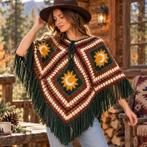Crochet Sun and Moon Poncho Pattern PDF | Granny Square Poncho Pattern | Boho Fringe Crochet Cape | Celestial Crochet Clothing Pattern