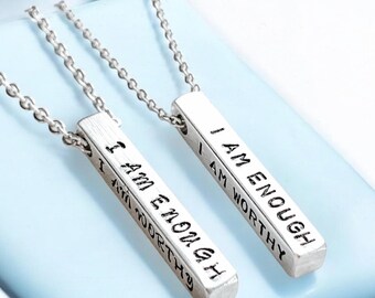 I Am Enough Necklace: Hand Stamped Affirmation Jewelry, Mental Health Gift