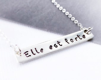 Elle est forte She is strong necklace Self Reminder Remember Who You Are Inspirational Friendship gifts Secret message Mantra gift