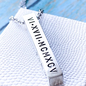 Roman Numeral Bar Necklace for Men Personalized Date Pendant Custom Engraved Name or Coordinates Necklace Christmas or Anniversary Gift