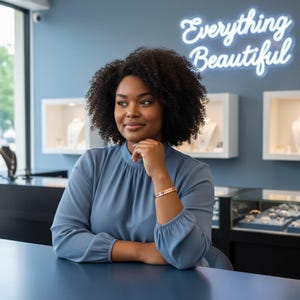 May include: A woman in a blue blouse and a bracelet, seated at a blue counter. The background includes jewellery displays and a neon sign reading "Everything Beautiful."
