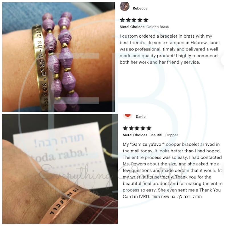Five-star reviews for Everything Beautiful Jewelry. Customers love the trendy Hebrew designs, well-made products, quality craftsmanship, and great service. Highly recommended for unique Hebrew jewelry, personalized gifts a smooth shopping experience.