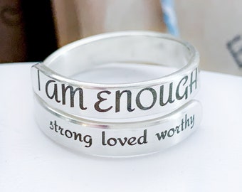 I am enough Ring Wraparound ring for daughter Best friend gifts Custom message ring You are enough Thin band Dainty bar ring Engraved ring