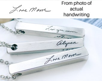 Actual handwriting personalized necklace Signature necklace Four sided bar pendant Handwriting Jewelry Name Engraved necklace keepsake