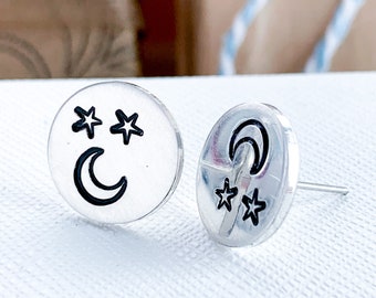 Moon and stars earrings, Gold or silver stud earrings, Celestial Earrings, Moon earrings, star earrings