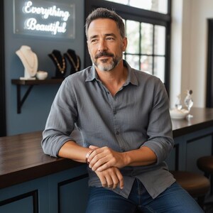 May include: A man in a grey button-down shirt and blue jeans leans on a counter. He wears a copper-coloured bracelet. The background includes jewellery displays and a neon sign that reads "Everything Beautiful."