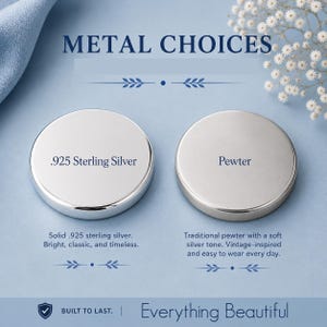 May include: Two circular metal discs labeled METAL CHOICES. The left disc is .925 Sterling Silver with text describing it as solid. The right disc is Pewter with text describing it as having a soft silver tone. The bottom text reads BUILT TO LAST. Everything Beautiful.