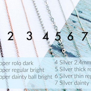 May include: Seven different chain styles for jewelry making.  The chains are numbered 1 through 7.  Chain styles include rolo, regular, dainty ball, 2.4mm ball, thick regular, thin regular, and dainty ball.  Chains 1, 2, and 3 are copper.  Chains 4, 5, 6, and 7 are silver.