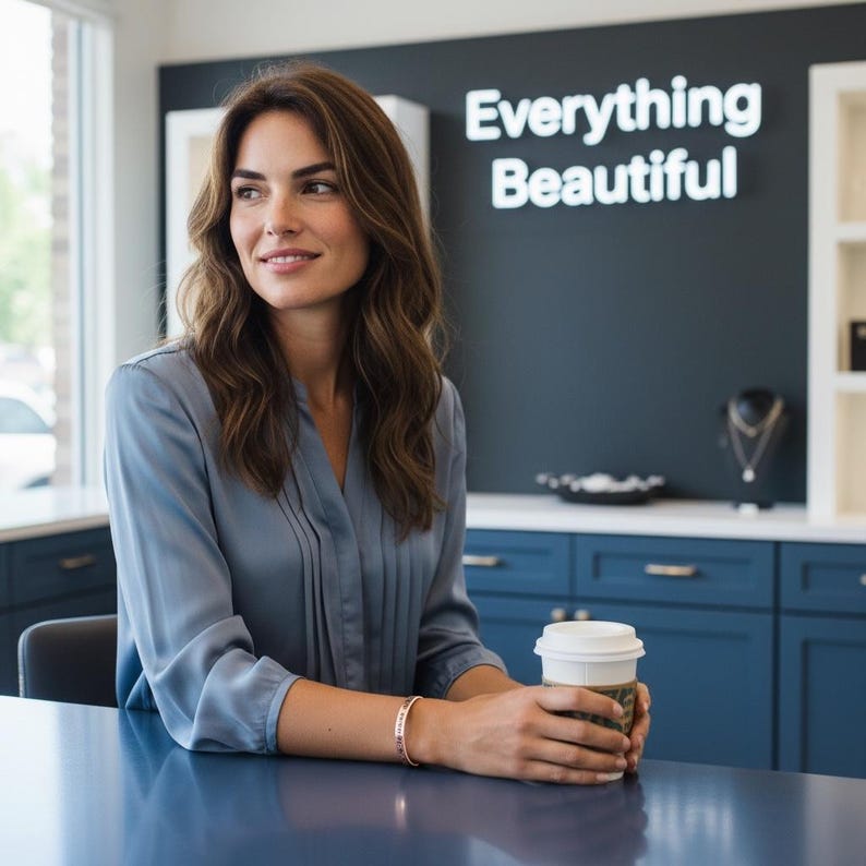 May include: A woman in a light blue blouse and a rose gold bracelet, holding a coffee cup. The background features a dark blue wall with the text "Everything Beautiful" in white lettering, and blue cabinets.