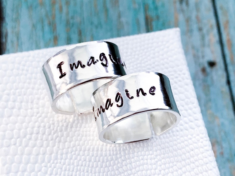 Hammered Sterling Silver Thick Ring Band Name Stacking Adjustable Date Be Brave Thumb Ring It is well Imagine or Personalized