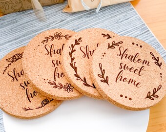 Personalized coaster set Hebrew Jewish home decor Shalom coasters Cork coaster set Coasters for guests House warming Bar accessories