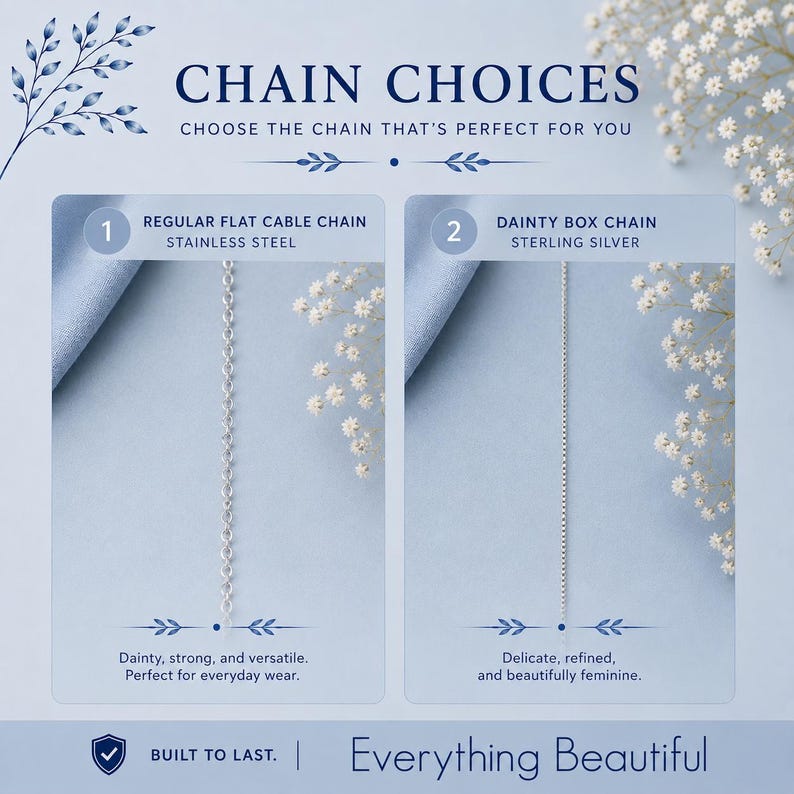 May include: A comparison chart titled CHAIN CHOICES showing two options. Option 1 is a regular flat cable chain made of stainless steel. Option 2 is a dainty box chain made of sterling silver. The text includes BUILT TO LAST and Everything Beautiful.