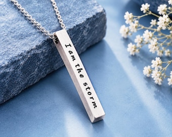 Four Sided Aluminum Bar Necklace, I Am The Storm, Motivational Warrior Jewelry, Vertical Bar Pendant, Encouraging Gifts Men Women