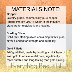 May include: A materials note detailing the components used in jewellery. The text describes copper, sterling silver, and gold-filled materials. The image also includes the text "Everything Beautiful" at the bottom.