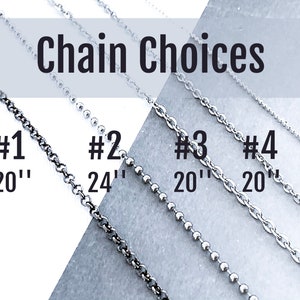 Photo title reads, Chain Choices. Five chains are shown. 1, black rolo chain, 20 inches. 2, silver ball chain, 24 inches. 3, silver thick regular chain, 20 inches. 4, smaller silver regular chain, 20 inches. 5, silver dainty ball chain, 24 inches.