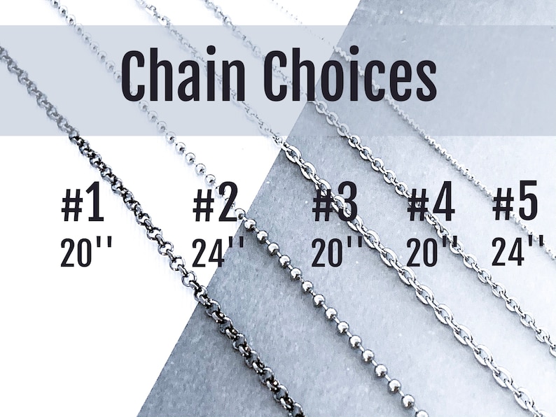 Photo title reads, Chain Choices. Five chains are shown. 1, black rolo chain, 20 inches. 2, silver ball chain, 24 inches. 3, silver thick regular chain, 20 inches. 4, smaller silver regular chain, 20 inches. 5, silver dainty ball chain, 24 inches.