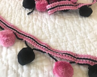 Pink & Black Pom Pom Trim - 2 Yards - Fringe Trim - Garland - Costume Trim - Home Decor - Embellishment