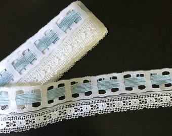 Vintage 1 1/2" White Lingerie Decorative Lace Trim with Pale Blue Ribbon Insert--By the Yard