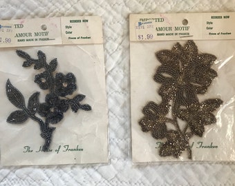 2 Beautiful Vintage Beaded Appliqués Made in France Franken Trimming Co. Inc.--1960s