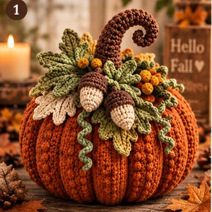 Può includere: Una zucca all'uncinetto arancione con un gambo marrone alto e ricurvo, decorata con foglie verdi all'uncinetto, due ghiande color crema con cappucci marroni e piccole bacche gialle. La zucca ha una superficie testurizzata e a coste.