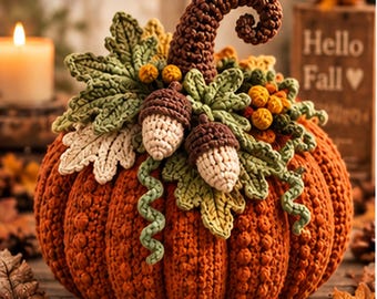 May include: A crocheted orange pumpkin featuring a tall, curled brown stem, decorated with green crocheted leaves, two cream-colored acorns with brown caps, and small yellow berries. The pumpkin has a textured, ribbed surface.