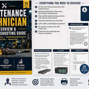 Op de afbeelding: Een 14-pagina tellende gids voor sollicitatiegesprekken en probleemoplossing voor onderhoudstechnici met een gele helm, veiligheidsbril en moersleutel op de cover. Bevat 50 interviewvragen, scenario's en een oefentoets.