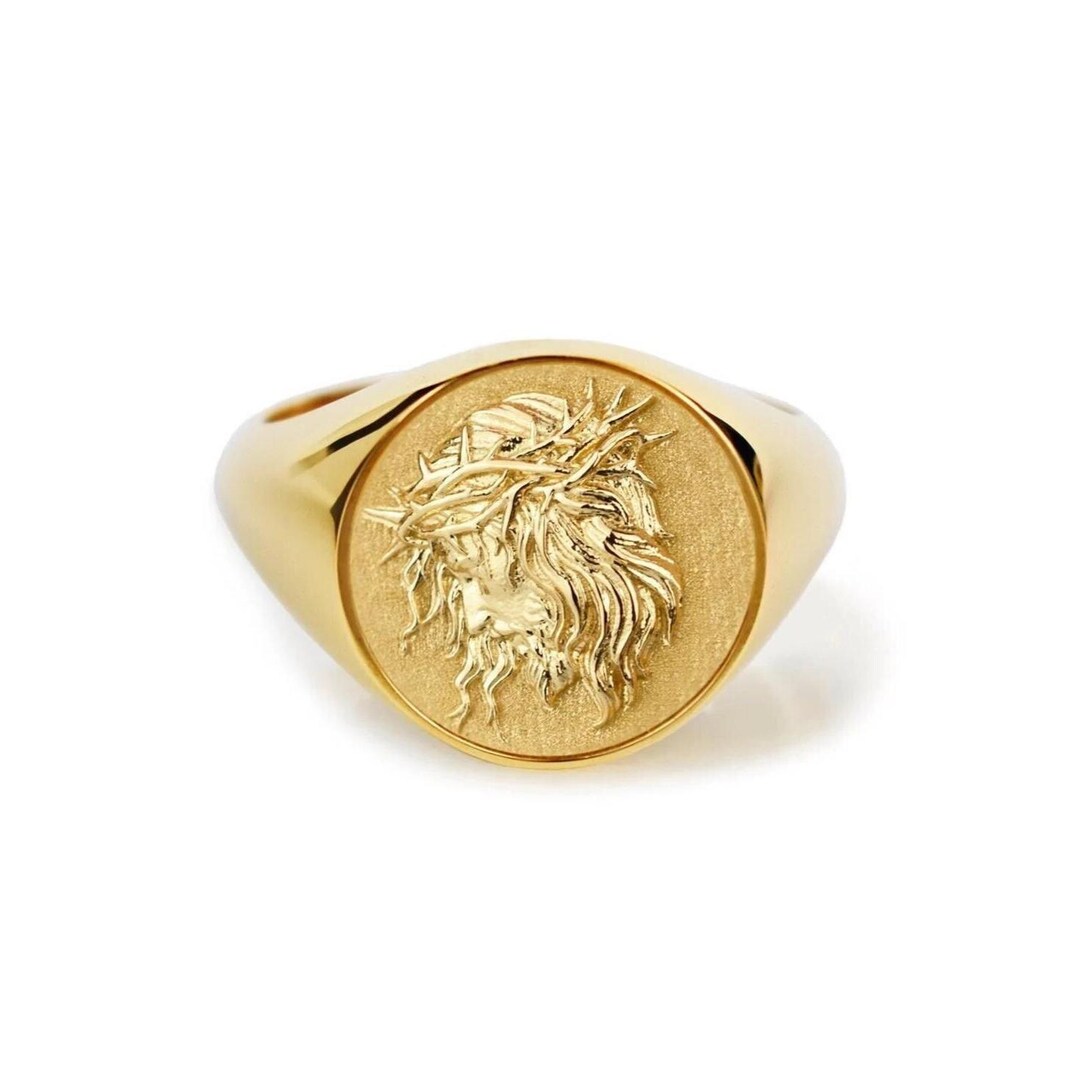 14K Solid Gold Jesus Christ Signet Ring, Crown of Thorns Ring ...