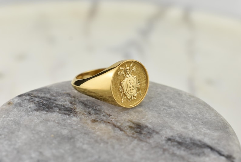 14K Solid Gold Papal Crest Signet Ring, Vatican Coat of Arms Ring ...