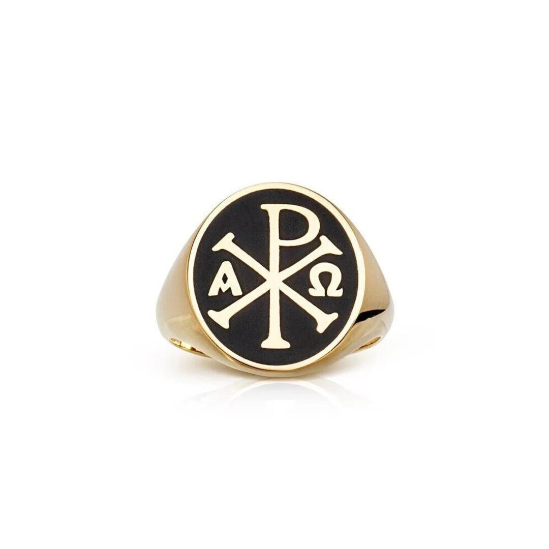 14K Gold Chi Rho Signet Ring, Alpha Omega Ring, Christian Cross Jewelry ...