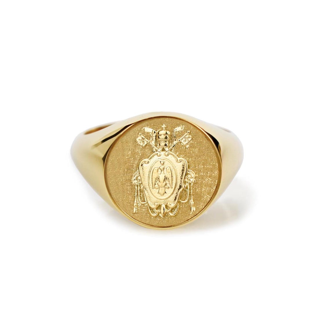 14K Solid Gold Papal Crest Signet Ring, Vatican Coat of Arms Ring ...