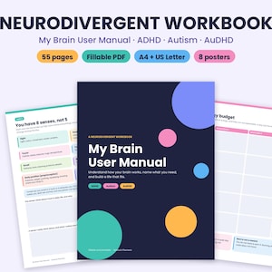 神経発達障害ワークブック、ADHD、自閉症、AuDHD、自己発見、記入可能なPDF、感覚プロファイル、実行機能、マスキング、燃え尽き症候群ワークシート