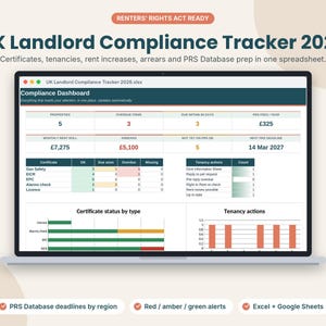 May include: A laptop screen displaying the UK Landlord Compliance Tracker 2026 spreadsheet. The dashboard features sections for properties, overdue items, rent rolls, and certificate status with red, amber, and green color-coded alerts.