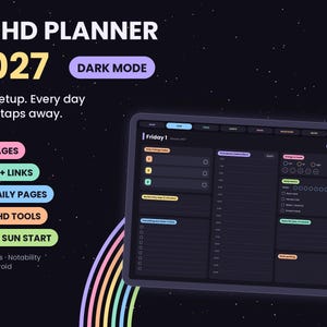 Cyfrowy planer ADHD 2027 z trybem ciemnym, datowany, hiperłączny planer GoodNotes, codzienny planer ADHD na iPada i Androida, początek w poniedziałek i niedzielę