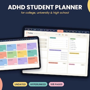 Peut inclure: Un planificateur étudiant numérique TDAH affiché sur deux écrans de tablette sur un fond bleu foncé. Le texte indique ADHD STUDENT PLANNER for college, university & high school, UNDATED, HYPERLINKED et 108 PAGES. L'interface présente des onglets colorés.