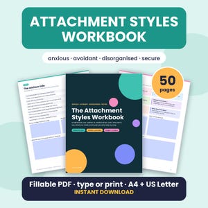 Può includere: Un quaderno di esercizi di 50 pagine sugli stili di attaccamento con copertina verde ottanio, cerchi colorati e testo bianco. Include sezioni sugli stili ansioso, evitante, disorganizzato e sicuro, in formato PDF A4 e US Letter.