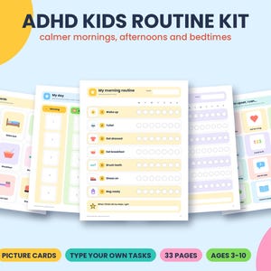Peut inclure: Kit de routine pour enfants TDAH avec 33 pages de tableaux imprimables et cartes illustrées pour les tâches quotidiennes. Inclut des listes de contrôle, des suivis et des icônes pour les 3-10 ans. Mise en page colorée avec textes pour le matin et l'école.