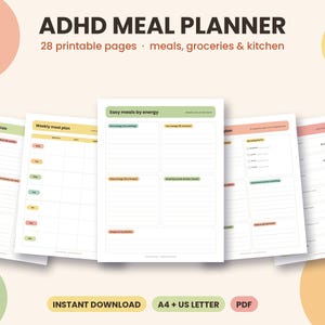 Puede incluir: Un conjunto de planificador de comidas ADHD digital con 28 páginas imprimibles para comidas, compras y organización de cocina. Las páginas incluyen encabezados como Grocery list by aisle, Weekly meal plan y Easy meals by energy, en formatos PDF A4 y US Letter.