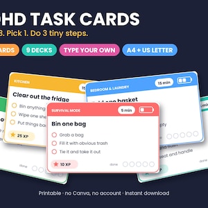 Peut inclure: Cartes de tâches TDAH avec des cartes rectangulaires colorées portant des textes comme Kitchen, Bedroom & Laundry et Survival Mode. Chaque carte inclut des cases à cocher, des durées et des points XP. Le texte en haut indique ADHD TASK CARDS.