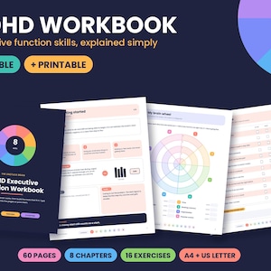 Cuaderno de ejercicios para el TDAH en adultos y adolescentes, PDF rellenable, hojas de ejercicios de función ejecutiva, kit de herramientas para el TDAH, dificultad para percibir el tiempo, regulación emocional.