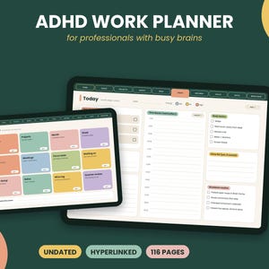 Peut inclure: Un modèle numérique de planificateur de travail TDAH affiché sur deux écrans de tablette. L'interface présente un tableau de bord avec des boutons rectangulaires colorés et une page de planning quotidien avec des blocs horaires.