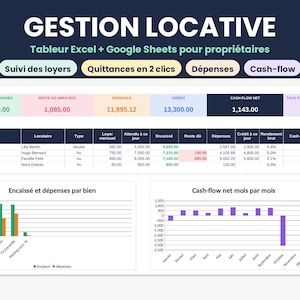 Peut inclure: Un tableur de gestion locative pour Excel et Google Sheets intitulé GESTION LOCATIVE. Il comprend un tableau de bord avec des indicateurs financiers, un tableau détaillé des biens et deux graphiques montrant les revenus et les flux de trésorerie.