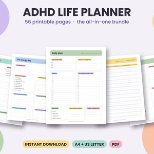 ADHS-Planer-Set zum Ausdrucken, ADHS-Lebensplaner, Tages- und Wochenplaner, Gedankenspeicher, Dopamin-Menü, Routinenplaner, Gewohnheitstracker, A4-Format