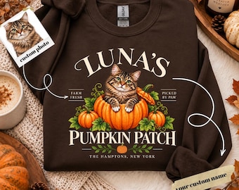 Sudadera personalizada con diseño de calabaza y gato, sudadera con cuello redondo personalizada con foto y nombre del gato, suéter otoñal para amantes de los gatos, camiseta otoñal con retrato de mascota, regalo para amantes de los gatos