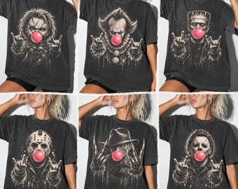 Camiseta com personagens clássicos de terror, camiseta Bubble Gum Slasher, camiseta vintage de terror para o Halloween, camiseta de filme de terror, camiseta com estampa para a temporada assustadora.
