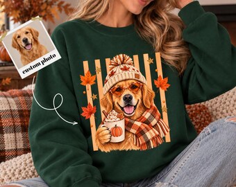 Camiseta personalizada para perros de otoño, camiseta con foto personalizada de mascota, camiseta para perros con estampado de calabaza y especias, regalo de otoño para mamás perrunas, camiseta acogedora con retrato de mascota de otoño.
