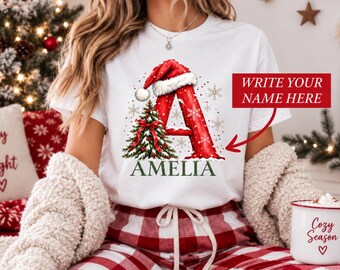 Custom Christmas Name Shirt, Personalized Initial Tee, Family Christmas Shirt, Monogram Xmas T-Shirt, Matching Holiday Family Gift