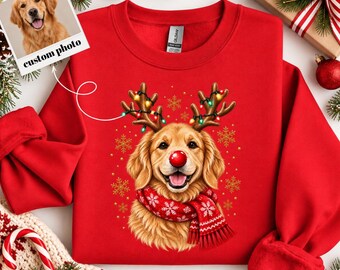 Sudadera navideña personalizada para mascotas, sudadera con cuello redondo con foto de perro y reno personalizada, camiseta con retrato de gato personalizado, regalo de Navidad para mamás de mascotas