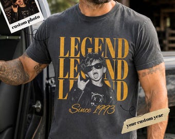 Camiseta de cumpleaños con foto personalizada, camiseta con el año personalizado, camiseta "Leyenda desde cumpleaños", camiseta con foto vintage, regalo de cumpleaños importante