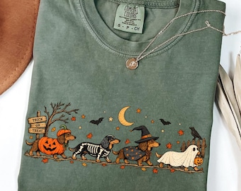 Camiseta de Halloween para perros salchicha, camiseta de disfraz de perro salchicha espeluznante, linda camiseta de Halloween para perros salchicha, regalo retro de otoño para mamás de perros, camiseta para amantes de los perros salchicha