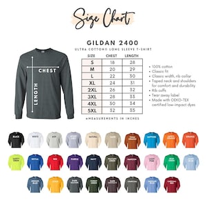 May include: A Gildan 2400 Ultra Cotton long sleeve t-shirt size chart displaying chest and length measurements in inches for sizes S through 5XL. Includes a dark heather gray shirt graphic and a color palette showing 30 available shirt color options.
